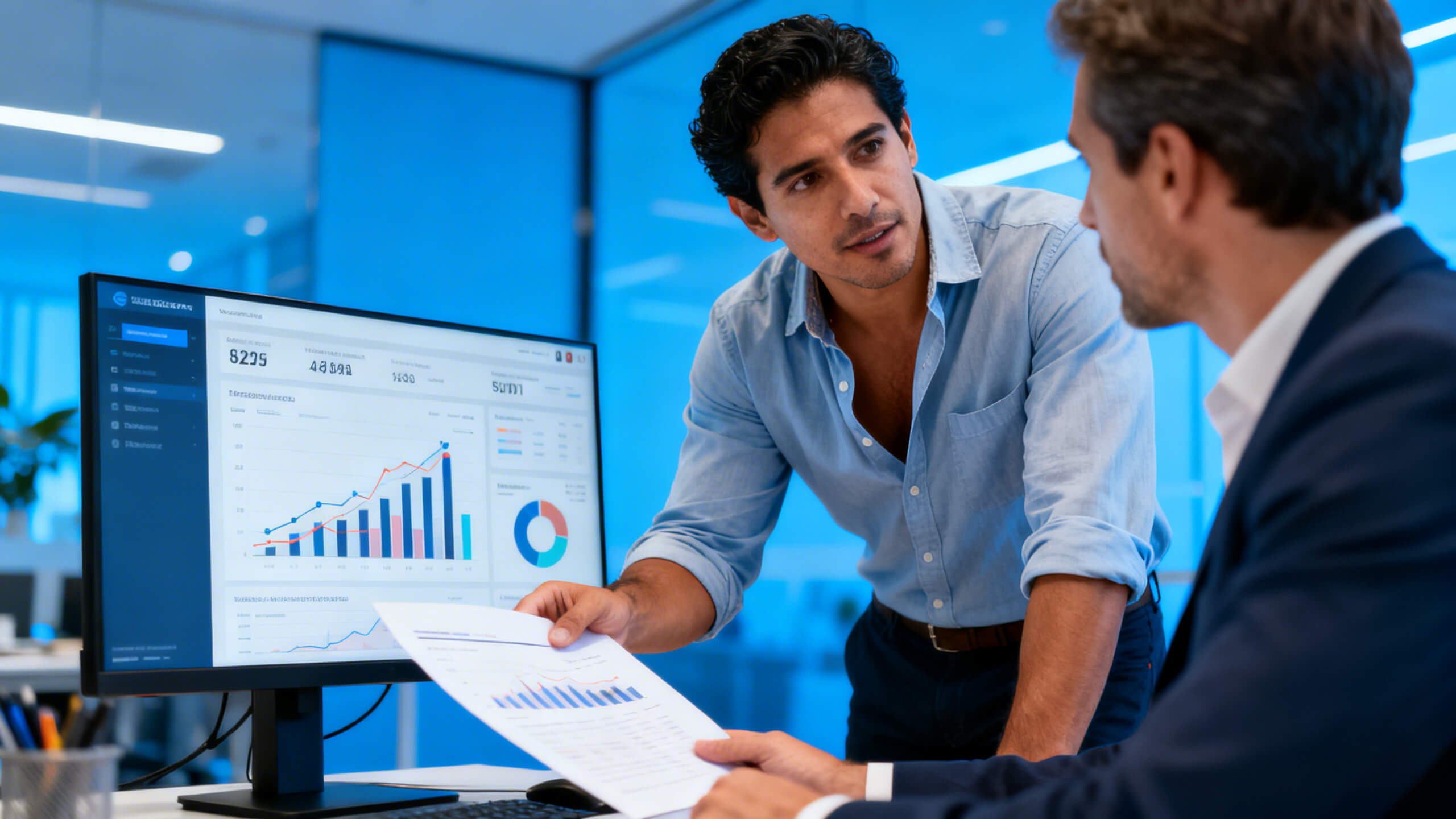 consultor financeiro orientando empresário com relatórios e gráficos