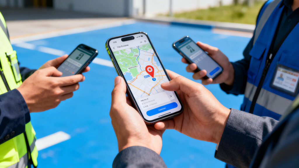 equipe externa batendo ponto no aplicativo com geolocalização ativa