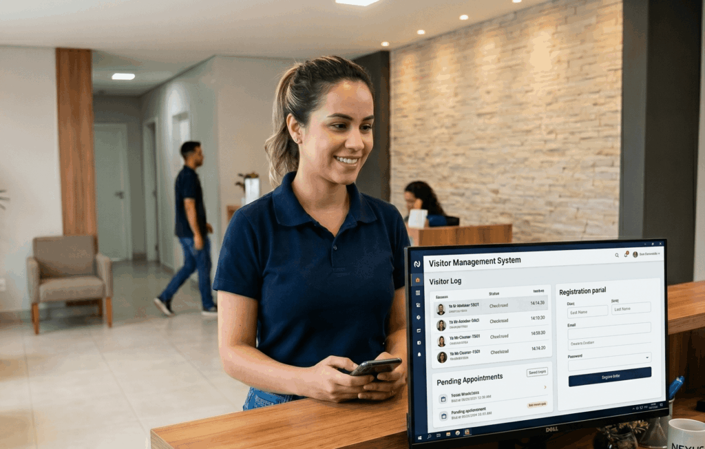 Tela do sistema RHID Ponto exibida em monitor ao lado de relógio de ponto Control iD instalado em recepção de pequena empresa, com colaboradora registrando ponto por biometria facial