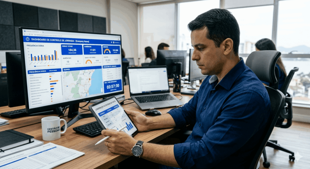 Gestor de RH e DP analisando sistemas de controle de ponto