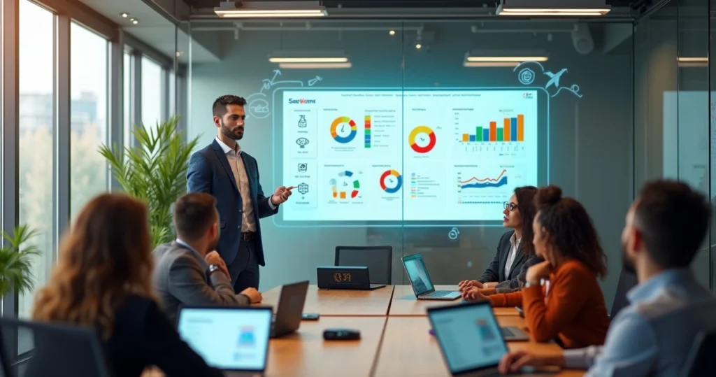 Gestor e equipe de PME avaliando painel de jornada digital em parede de vidro