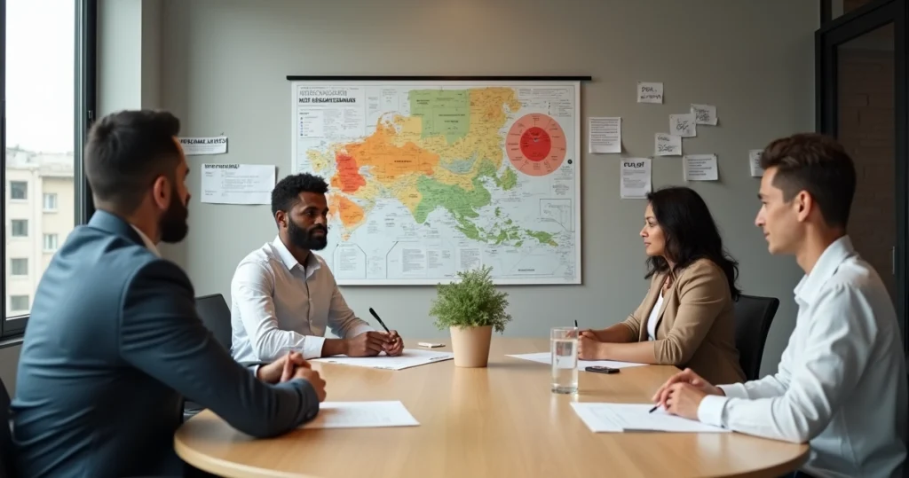 Reunião de gestores discutindo riscos psicossociais apontados em mapa de calor na parede