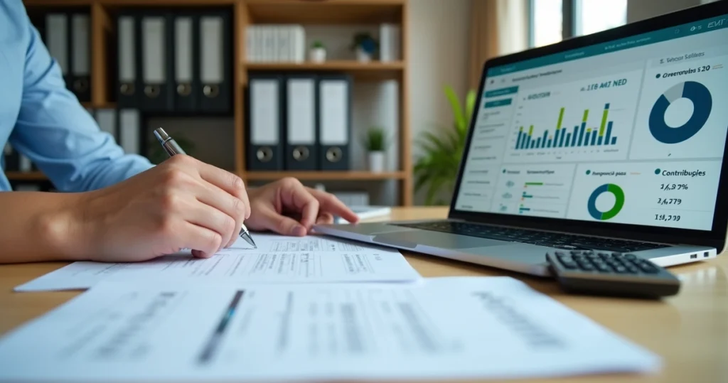 Profissional de RH calculando INSS empresarial com gráficos e documentos sobre a mesa