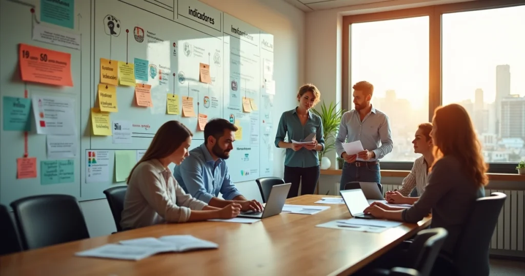 Gestores de PME analisam mural de bem-estar mental com ícones de estresse e burnout