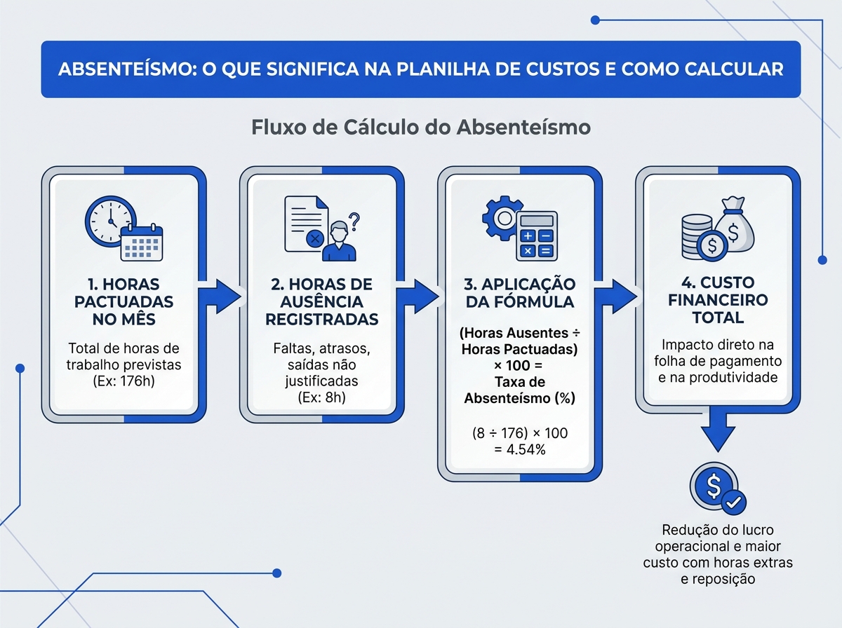 Infográfico com o passo a passo para calcular o custo do absenteísmo na planilha de custos.