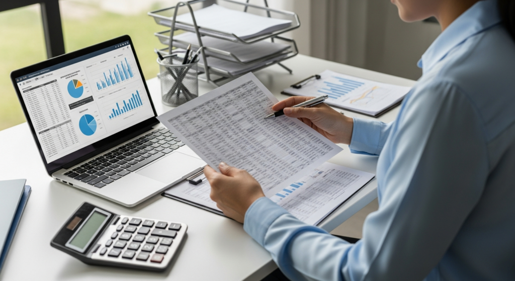 Foto realista de uma profissional de departamento pessoal analisando relatórios financeiros e planilhas de custos em um notebook, com uma calculadora ao lado em uma mesa de escritório organizada. Sem textos ou gráficos sobrepostos na imagem. Alt: Profissional de DP analisando planilha de custos e absenteísmo no computador.