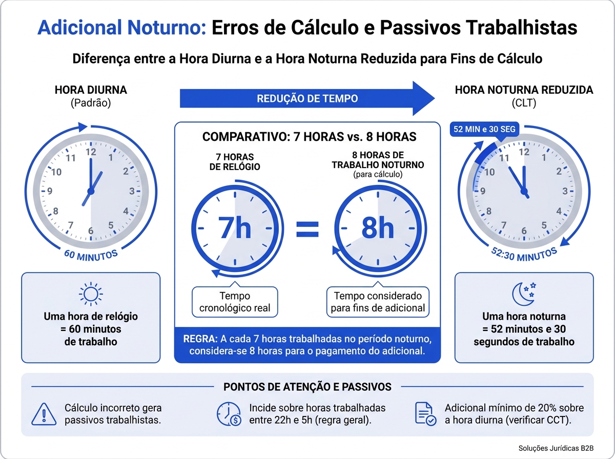 Infográfico comparativo entre hora diurna de 60 minutos e hora noturna reduzida de 52 minutos e 30 segundos.