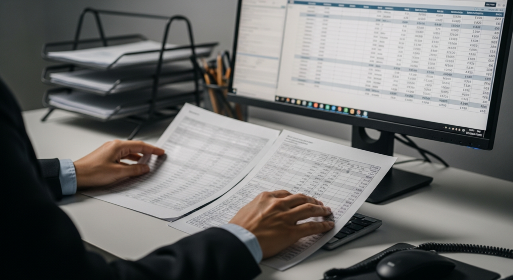 Foto realista de um profissional de departamento pessoal analisando relatórios de ponto e planilhas complexas em um computador de escritório durante a noite, com foco nas mãos digitando e na tela exibindo dados de jornada de trabalho. Sem textos ou gráficos artificiais na imagem. Alt: Profissional de DP analisando relatórios de ponto para cálculo de adicional noturno.
