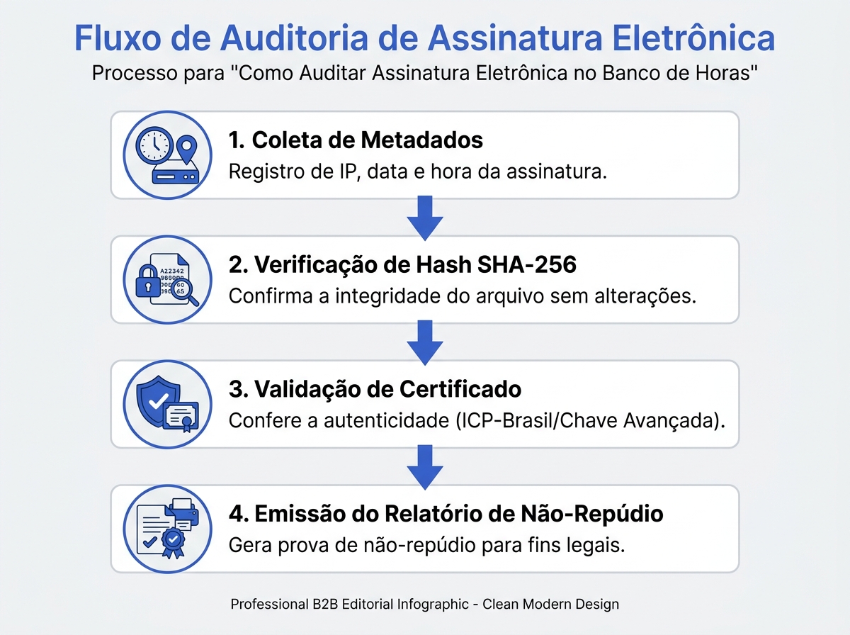 Fluxograma de auditoria técnica de assinaturas eletrônicas em acordos de banco de horas.