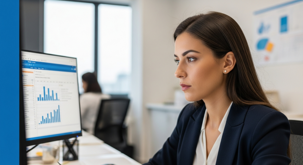 Foto em estilo profissional e realista de uma analista de departamento pessoal em seu escritório, analisando atentamente relatórios de auditoria em uma tela de computador, com foco em sua expressão de concentração. O ambiente é moderno, bem iluminado, com elementos típicos de escritório de RH ao fundo, sem textos ou gráficos visíveis na tela ou no ambiente. Alt: Analista de DP auditando histórico de assinaturas eletrônicas de acordos trabalhistas.