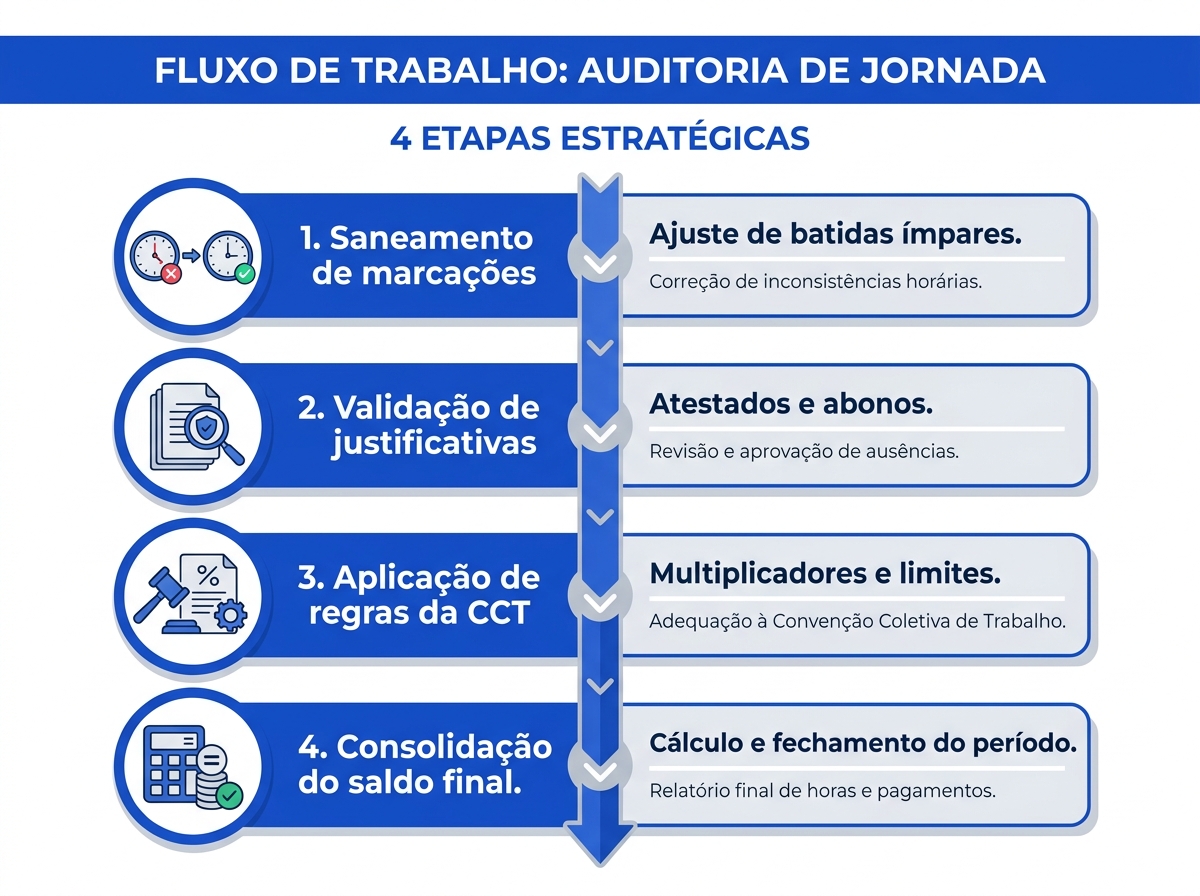 Fluxograma de 4 etapas para auditoria de banco de horas antes do fechamento da folha.