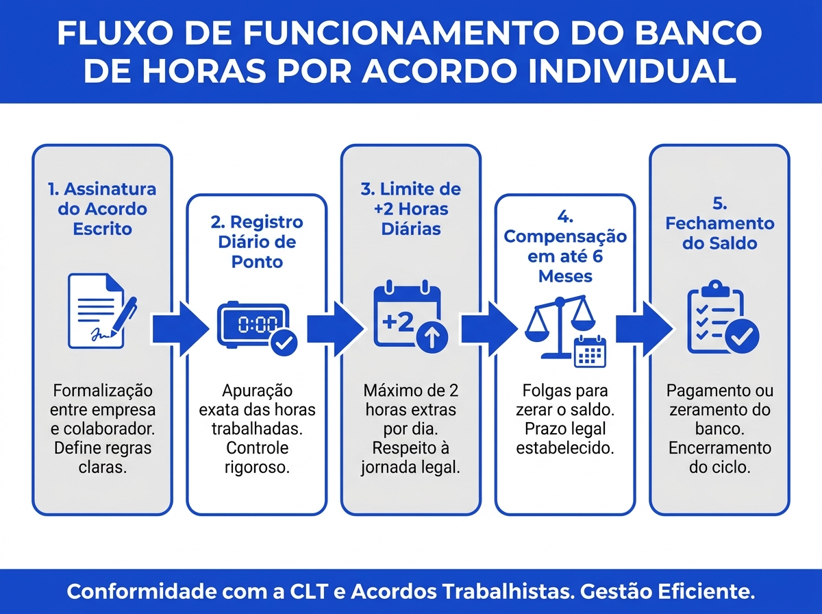 Infográfico com o fluxo de funcionamento do banco de horas por acordo individual de até 6 meses