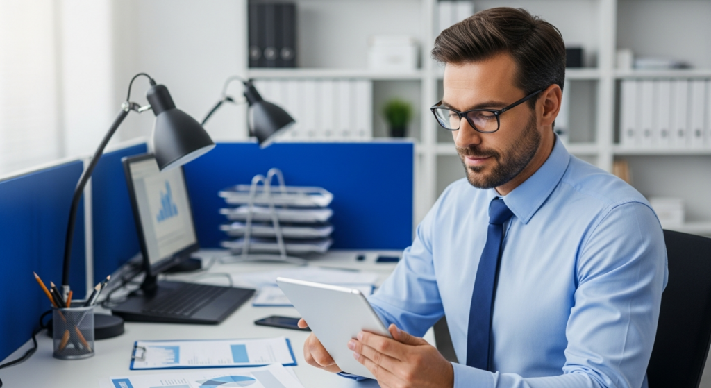 Foto realista de um empresário em seu escritório moderno, analisando relatórios em um tablet com expressão de tranquilidade e segurança. Ao fundo, um ambiente corporativo organizado e bem iluminado, transmitindo profissionalismo e conformidade jurídica.