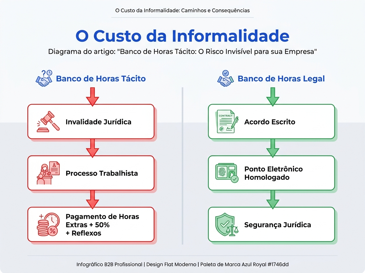 Infográfico comparando os riscos do banco de horas tácito com a segurança do banco de horas legalizado.