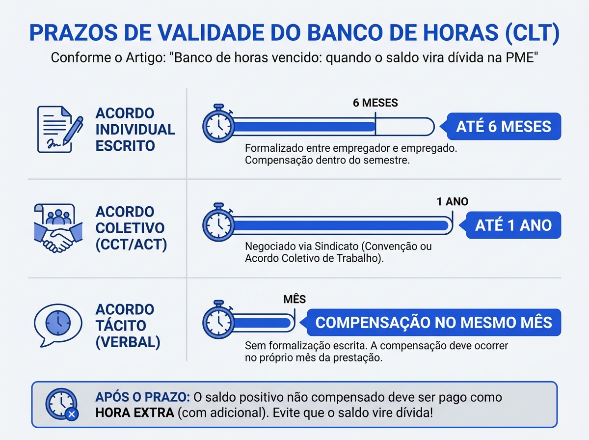 Infográfico explicativo sobre os prazos de validade do banco de horas segundo a CLT.