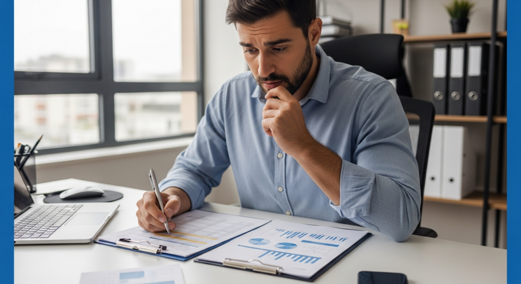 Foto de um empresário preocupado em sua mesa de escritório, analisando relatórios financeiros e planilhas impressas com caneta na mão, demonstrando apreensão com custos inesperados. Ambiente corporativo realista de uma pequena empresa brasileira. Alt: Empresário preocupado analisando relatórios financeiros e planilhas de banco de horas vencido.