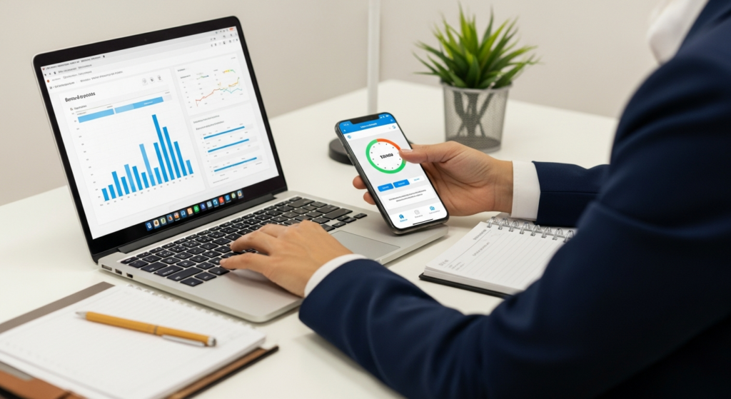 Foto realista de uma profissional de Recursos Humanos analisando dados de jornada de trabalho em um notebook moderno. Ao lado do computador, há uma agenda corporativa e um smartphone mostrando um aplicativo de controle de ponto. O ambiente é um escritório bem iluminado, com foco nítido na profissional e nos dispositivos, transmitindo seriedade e precisão técnica. Alt: Profissional de RH analisando configurações de banco de horas no notebook.