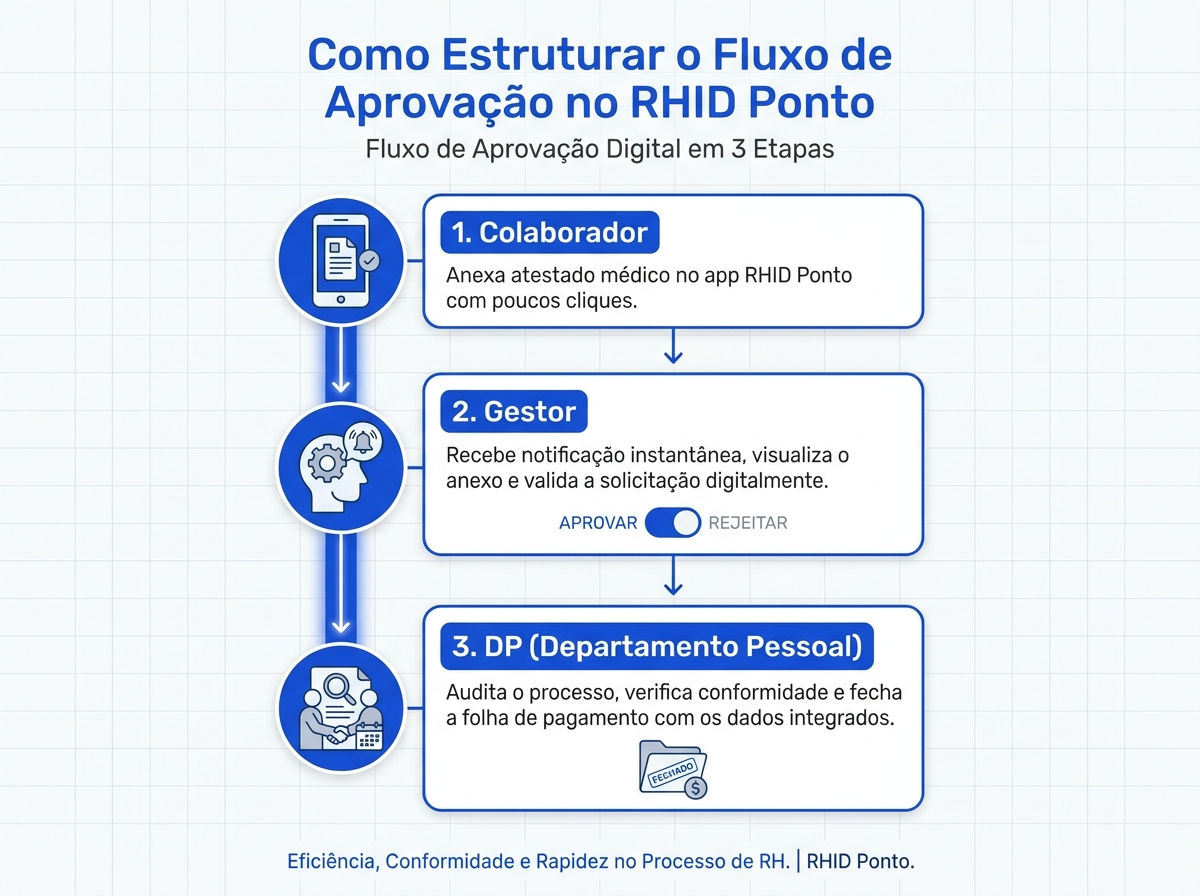 Infográfico do fluxo de aprovação digital de justificativas no aplicativo de ponto.