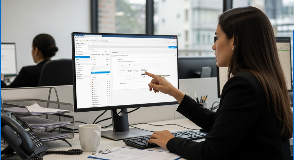 Foto realista de uma profissional de TI ou analista de DP em sua mesa de trabalho, configurando as regras de geolocalização em um monitor de computador. O ambiente é um escritório moderno e bem iluminado. A imagem foca na interação profissional com o sistema, sem exibir textos legíveis ou gráficos na tela. Alt: Analista de DP configurando cercas virtuais e restrições de acesso no sistema de controle de ponto.