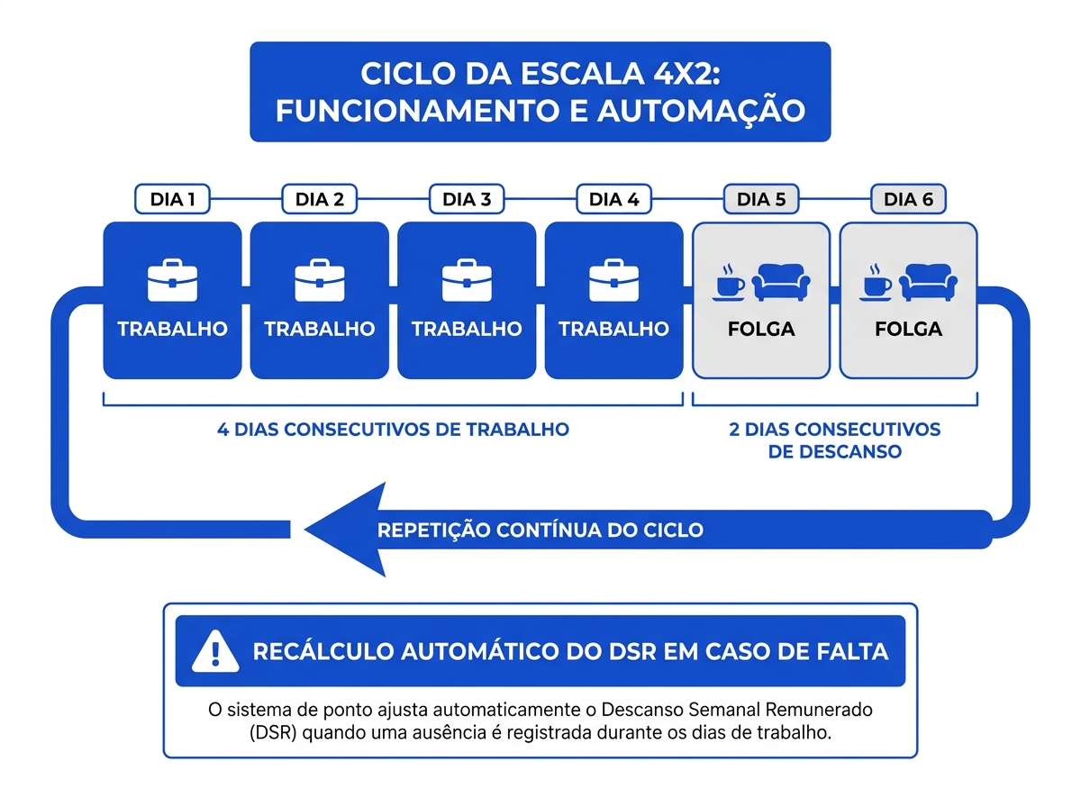 Infográfico do ciclo de 6 dias da escala de trabalho 4x2 com folgas variáveis