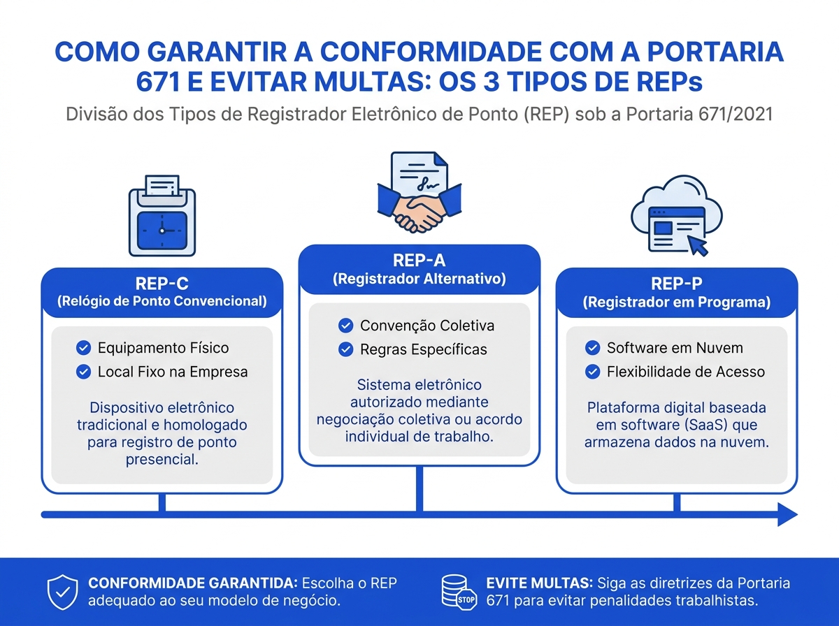 Infográfico comparativo dos modelos REP-C, REP-A e REP-P segundo a Portaria 671
