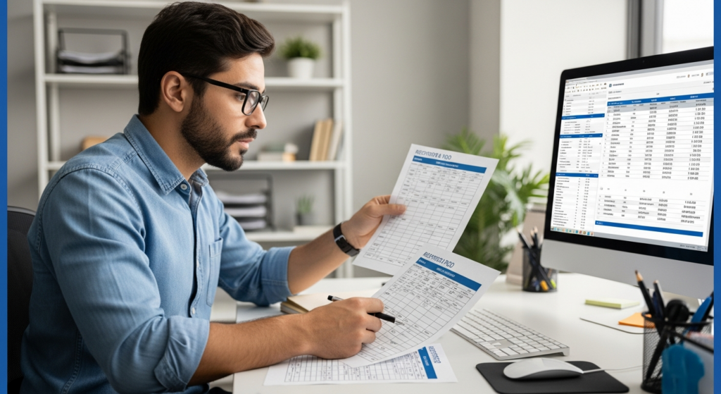 Foto realista de um empresário em seu escritório revisando relatórios de ponto em papel e comparando com a tela de um computador, demonstrando preocupação com a organização e conformidade fiscal. Sem textos ou gráficos sobrepostos.