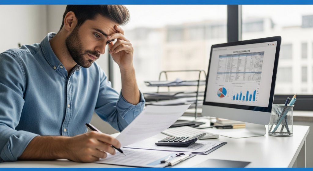 Foto realista de um empresário preocupado em sua mesa de escritório, analisando planilhas financeiras e contratos de prestação de serviços, com uma calculadora ao lado. O ambiente é de um escritório moderno de PME, com iluminação natural vinda de uma janela ao fundo. Sem textos ou gráficos sobrepostos.