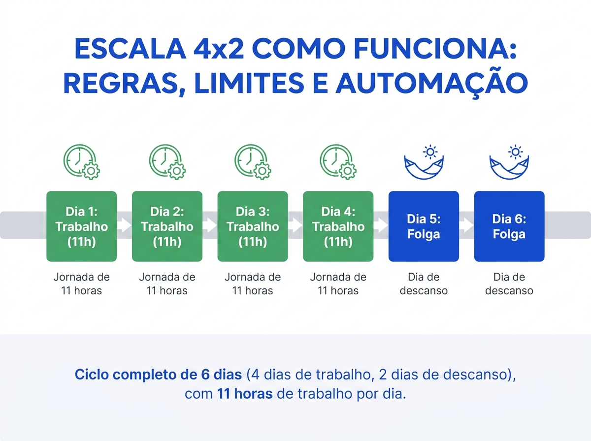 Infográfico explicativo do ciclo de trabalho e folga na escala 4x2