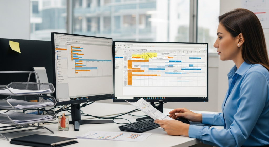 Foto realista de uma profissional de departamento pessoal analisando uma escala de revezamento complexa em um monitor de computador moderno em um escritório organizado. Alt: Profissional de DP analisando escala de trabalho no computador