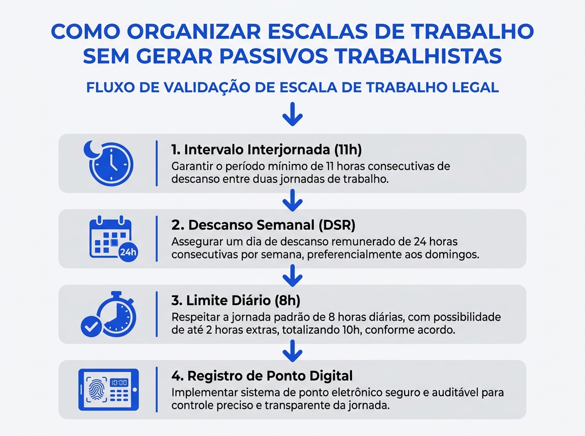 Infográfico com regras da CLT para validação de escalas de trabalho