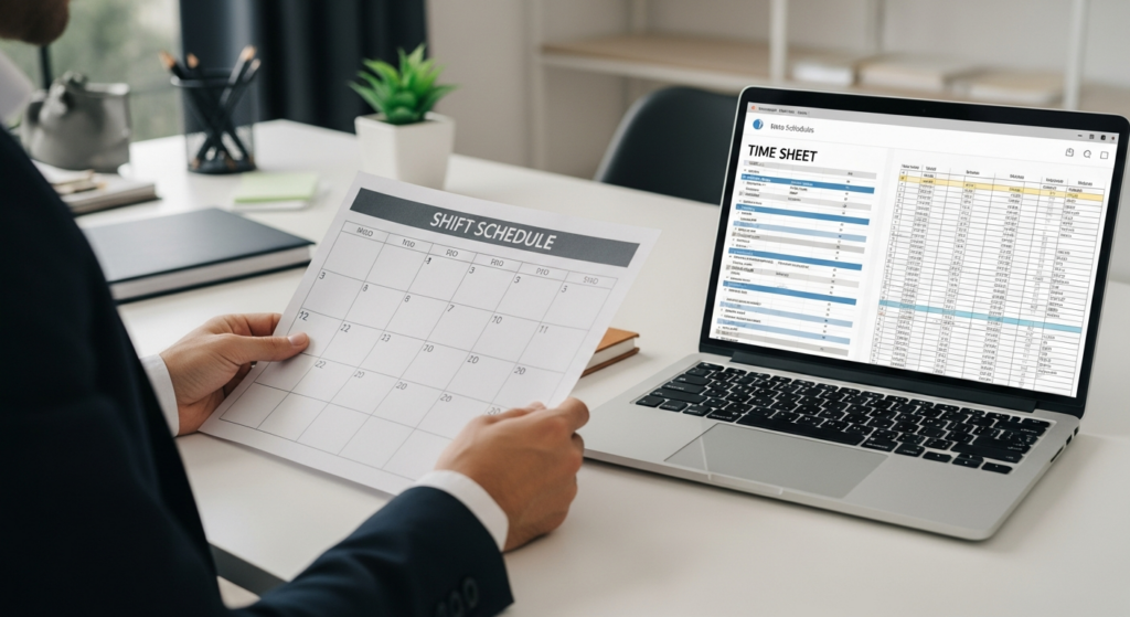 Foto realista de um empresário de meia-idade em seu escritório, analisando com preocupação um calendário de escalas de trabalho impresso sobre a mesa, com um notebook aberto ao lado mostrando planilhas de horários. Ambiente profissional, iluminação natural de escritório, sem textos ou gráficos sobrepostos. Alt: Empresário analisando escalas de trabalho para evitar horas extras.