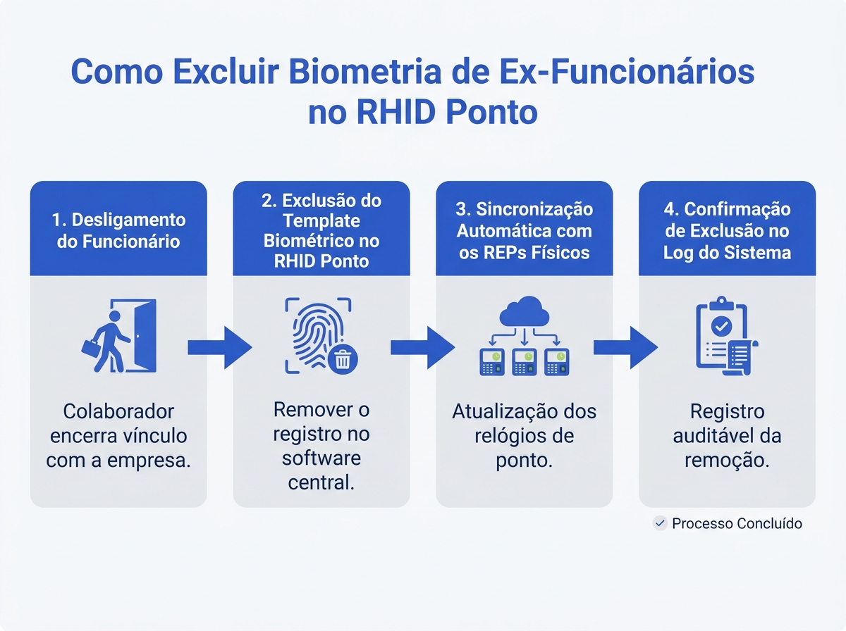 Infográfico do fluxo de exclusão definitiva de biometria no RHID Ponto