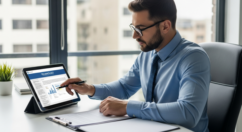 Foto realista de um empresário em seu escritório analisando um contrato de prestação de serviços de tecnologia em um tablet, com uma fita métrica ou pasta de documentos ao lado, demonstrando foco em conformidade e segurança jurídica. Sem textos ou gráficos na tela.