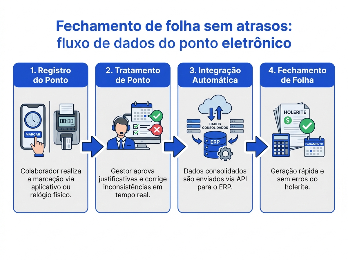 Infográfico do fluxo de dados integrado para um fechamento de folha ágil e sem erros.