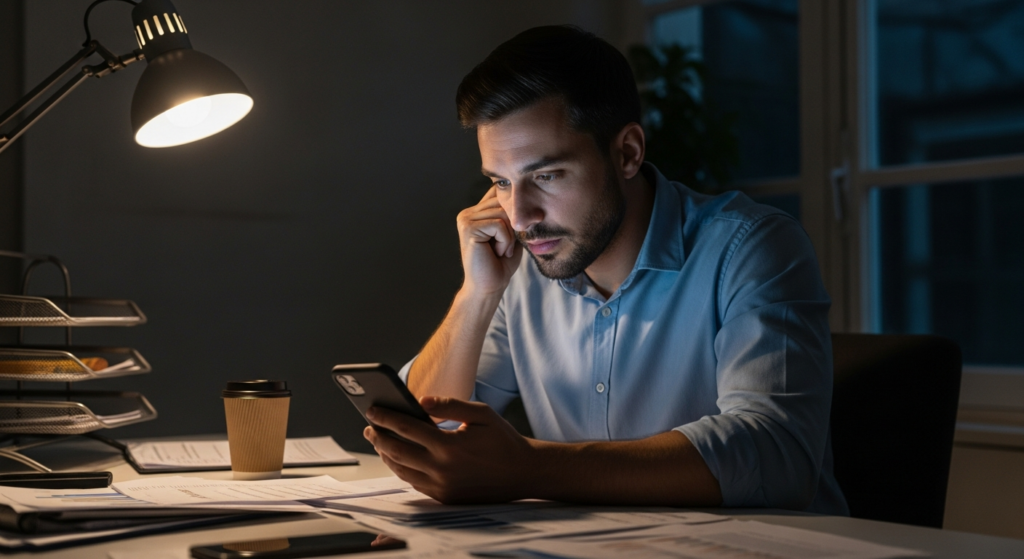 Foto realista de um empresário preocupado em seu escritório doméstico à noite, olhando para a tela de um smartphone que brilha no escuro, cercado por papéis e uma xícara de café. Sem textos, gráficos ou elementos digitais sobrepostos. Alt: Empresário analisando mensagens no celular fora do expediente em home office.