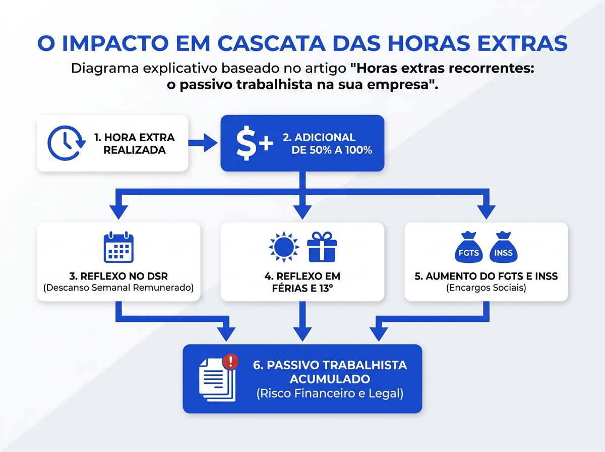 Infográfico mostrando o impacto em cascata das horas extras nas verbas trabalhistas e tributárias.