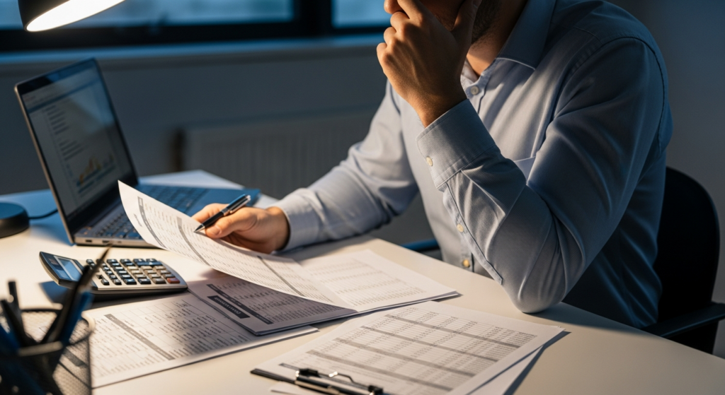 Foto realista de um empresário preocupado em sua mesa de escritório, analisando planilhas financeiras impressas e relatórios de folha de pagamento à noite, com uma calculadora ao lado. Ambiente corporativo de PME, iluminação focada na mesa, transmitindo a sensação de análise de riscos financeiros. Sem textos ou gráficos na imagem. Alt: Empresário analisando relatórios financeiros e de folha de pagamento para identificar passivos trabalhistas.