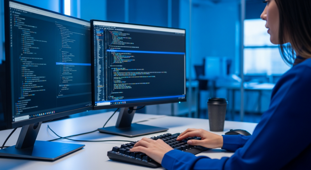 Foto realista em ambiente de escritório de tecnologia, mostrando as mãos de uma desenvolvedora programando em um teclado mecânico, com duas telas de monitor exibindo linhas de código de programação limpas e organizadas. Iluminação moderna com tons de azul e cinza, transmitindo profissionalismo e foco técnico. Sem textos ou gráficos sobrepostos.