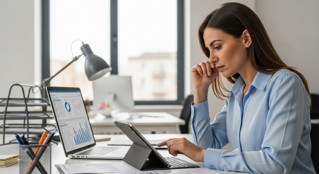 Foto realista de um empresário em seu escritório analisando relatórios financeiros em um tablet, com uma expressão de preocupação e foco. Ao fundo, um ambiente corporativo moderno e organizado, sem textos ou gráficos aparentes. Alt: Empresário analisando relatórios de custos e horas extras de sua equipe em jornada híbrida.