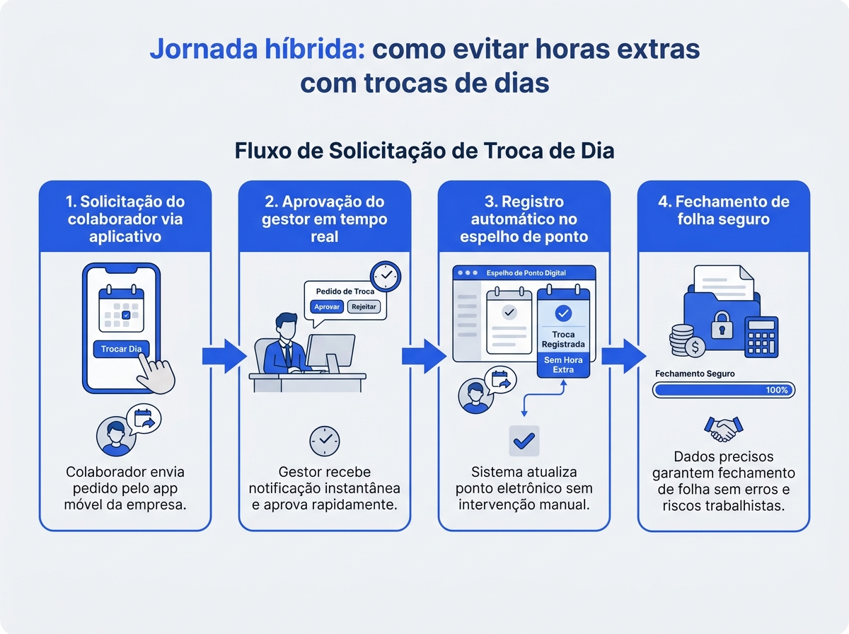 Infográfico do fluxo de aprovação de troca de dias na jornada híbrida