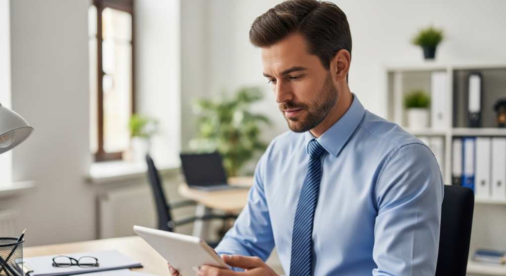 Foto realista de um empresário em seu escritório analisando relatórios financeiros em um tablet, com expressão de atenção. Ao fundo, um ambiente de escritório moderno e organizado, com iluminação natural suave. Sem textos, gráficos ou elementos artificiais na imagem. Alt: Empresário analisando relatórios de jornada de trabalho em seu escritório.