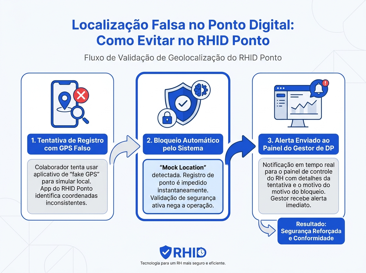 Infográfico do fluxo de detecção de GPS falso no sistema de ponto eletrônico