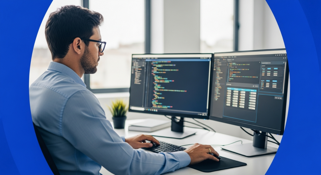 Foto realista de uma profissional de TI focada, trabalhando em um escritório moderno com duas telas de computador exibindo códigos de programação e painéis de controle de banco de dados. Ambiente profissional e técnico, sem textos ou gráficos artificiais na imagem.