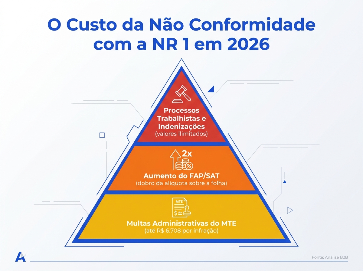 Infográfico mostrando a pirâmide de custos e impactos financeiros da não conformidade com a NR 1 atualizada 2026.