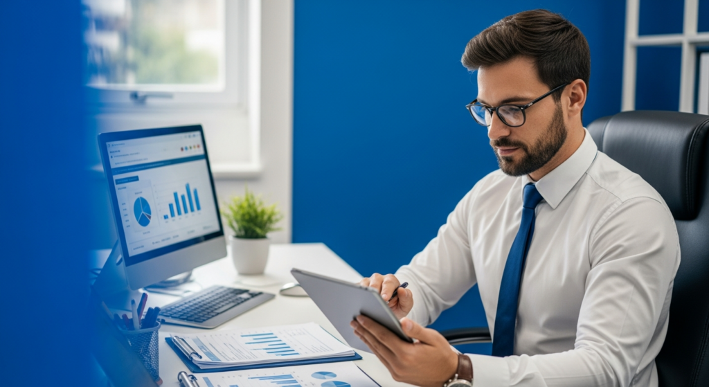 Foto profissional de um empresário em seu escritório analisando relatórios financeiros e de conformidade em um tablet, com expressão de foco e segurança. Ambiente corporativo moderno e bem iluminado. Alt: Empresário analisando relatórios de conformidade com a NR 1 atualizada 2026 para proteger o caixa da empresa.