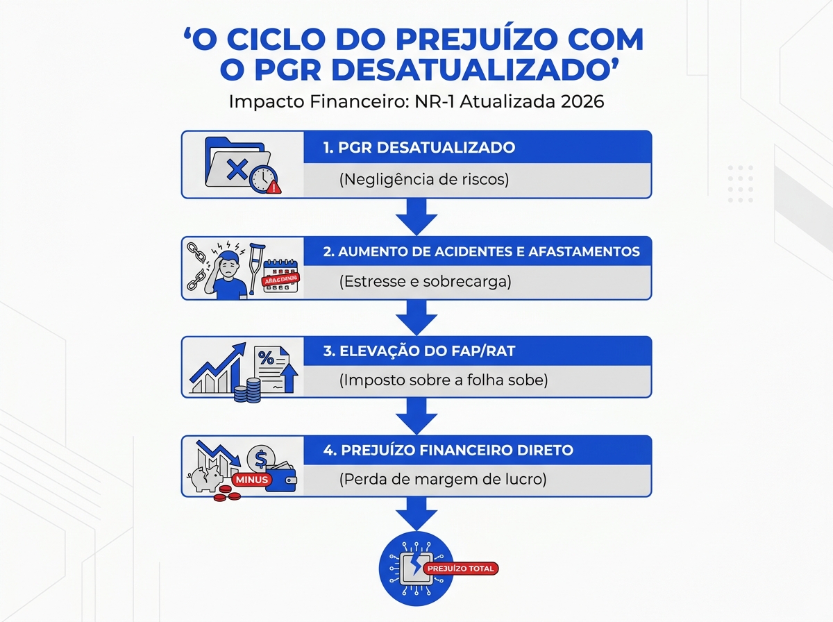 Infográfico mostrando o ciclo do prejuízo financeiro gerado pelo PGR desatualizado sob a NR 1 atualizada 2026.