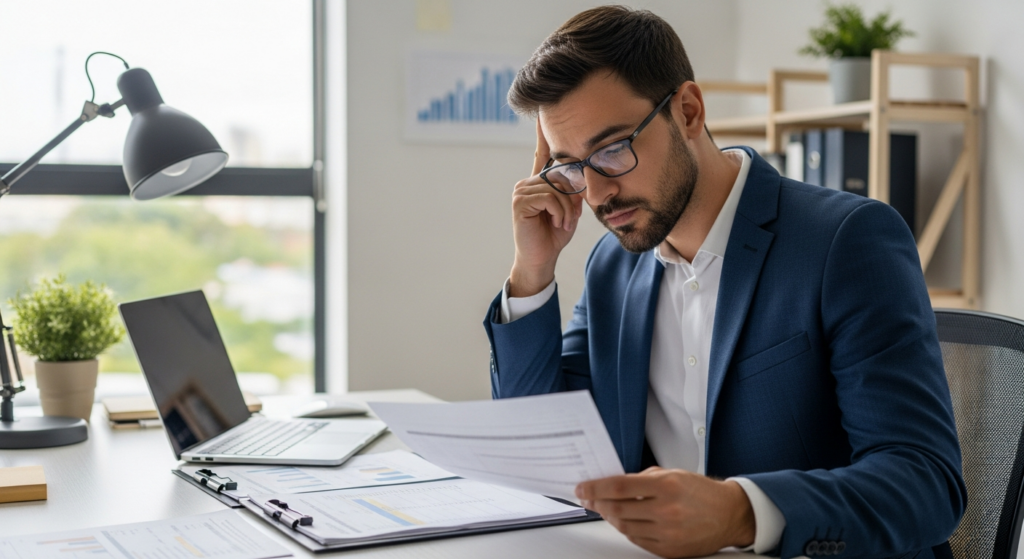 Foto realista de um empresário preocupado em sua mesa de escritório, analisando relatórios financeiros e pastas de documentos impressos sobre segurança do trabalho. O ambiente é de um escritório de PME moderna, com iluminação natural vinda de uma janela ao fundo. Sem textos, gráficos ou telas visíveis. Alt: Empresário analisando relatórios financeiros e documentos de segurança do trabalho em seu escritório.