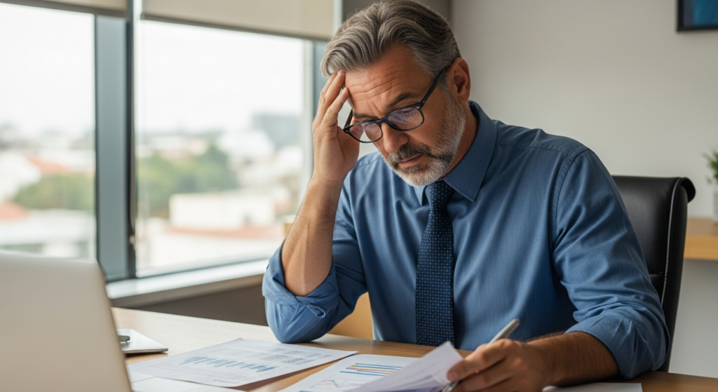 Foto realista de um empresário de meia-idade em seu escritório, com expressão de preocupação, analisando relatórios financeiros e planilhas impressas sobre a mesa. O ambiente é de um escritório corporativo moderno de médio porte, com iluminação natural suave vinda de uma janela ao fundo. Sem textos, gráficos ou elementos digitais sobrepostos.