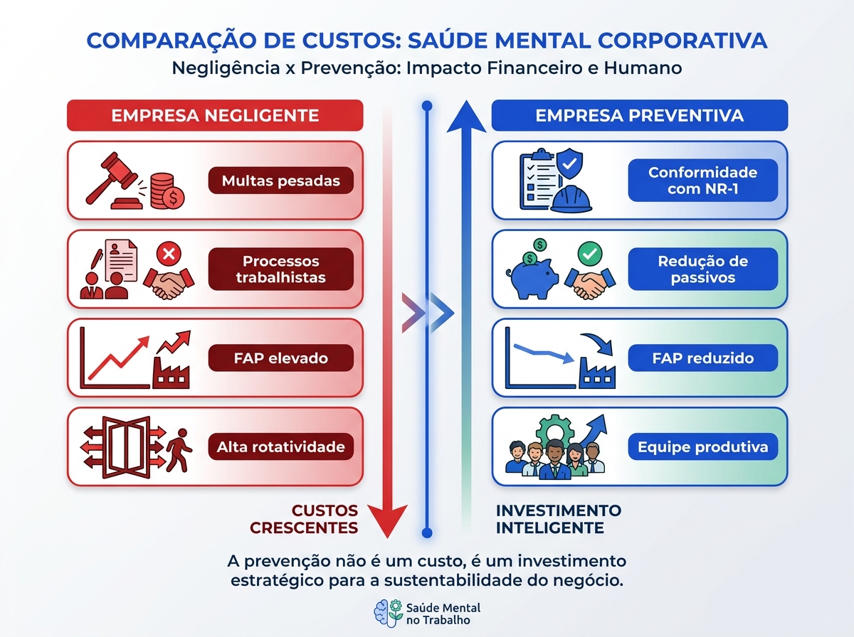 Infográfico comparativo de custos entre negligência e prevenção na NR-1 saúde mental