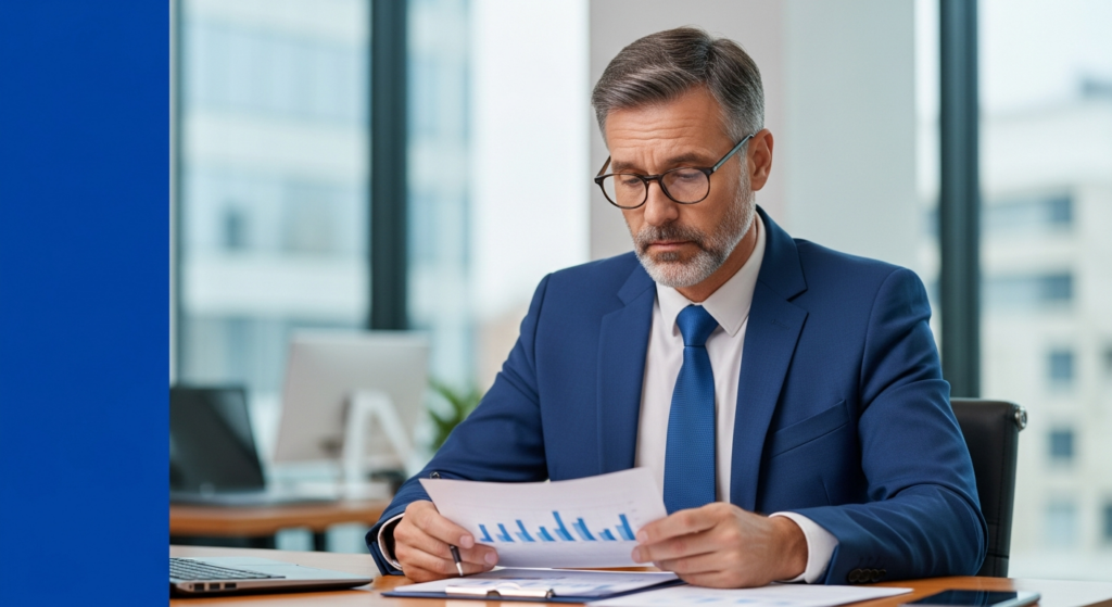 Foto realista de um empresário de meia-idade em seu escritório moderno, com expressão de preocupação moderada enquanto analisa relatórios financeiros em sua mesa de madeira. Ao fundo, um ambiente de escritório corporativo com iluminação natural suave, sem textos ou gráficos visíveis.